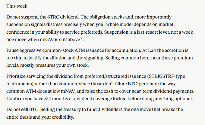 The image shows a document titled "This week" with text written in black ink, which appears to be an email or message from someone named Saylor. The content of the message suggests that there are recommendations for investing in Bitcoin, specifically advising against selling any BTC and not suspending dividends. This information is relevant to the post because it provides guidance on how to approach Bitcoin investments during this week's recommendations.