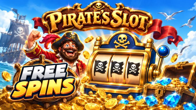 Colorful promotional artwork for 'Pirates Slot' featuring a pirate character, slot machine, treasure chest, gold coins, and a 'FREE SPINS' banner.