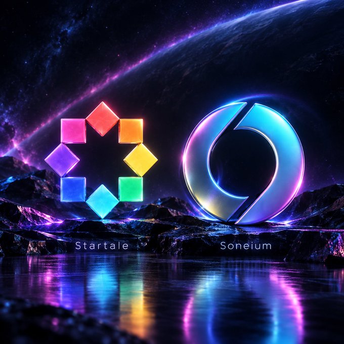 A futuristic cosmic scene with the Startale and Soneium logos displayed above a reflective water surface against a starry purple sky.