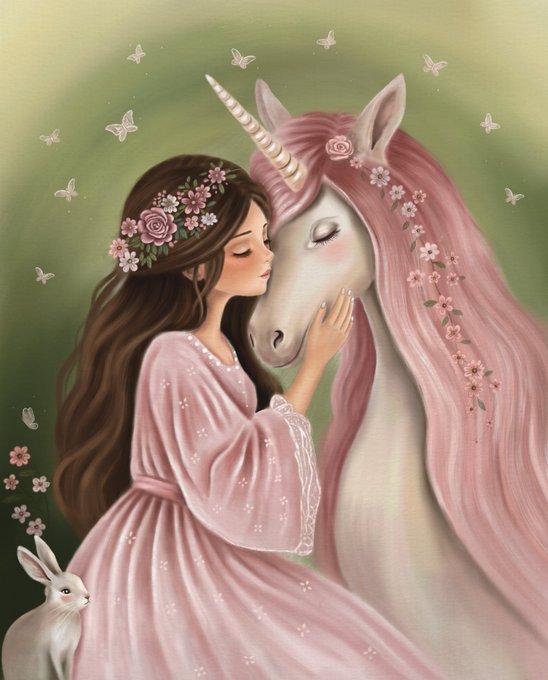A fantasy illustration of a young woman with a flower crown embracing a white unicorn with a pink floral mane, accompanied by a white rabbit in a green meadow with butterflies.