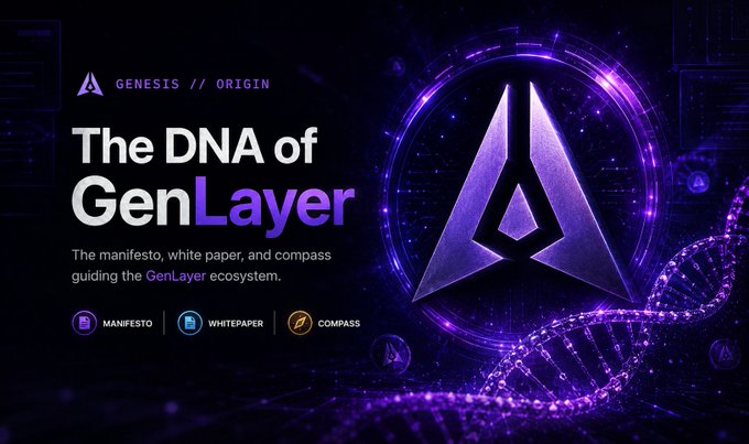 The image displays a promotional graphic titled "The DNA of GenLayer," tagged with "GENESIS // ORIGIN," and describes itself as "The manifesto, white paper, and compass guiding the GenLayer ecosystem," featuring links to a Manifest, Whitepaper, and Compass alongside a glowing purple DNA helix and the GenLayer logo. The graphic visually reinforces the post's introduction of GenLayer as a pioneering, foundational project (its "origin") building an AI-native blockchain ecosystem designed to handle subjective, real-world decisions beyond simple rule-based execution.