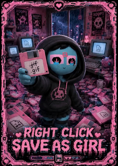 A pink-hued digital artwork featuring a cute, sad-looking blue character in a hoodie holding a floppy disk labeled 'gif', surrounded by scattered files, with text reading 'RIGHT CLICK SAVE AS GIRL'.
