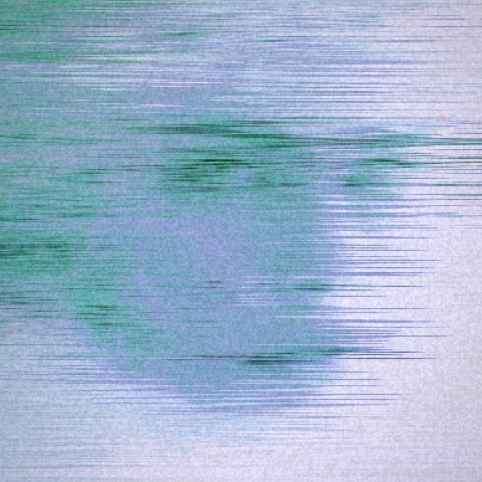 The image shows an abstract, glitch-like portrait with horizontal streaks of green, purple, and blue across a textured background, giving the impression of a face blurred in motion. It aligns with the post's theme of "99 Faces of Eternity," representing one of many varied, ethereal interpretations of a single human portrait.