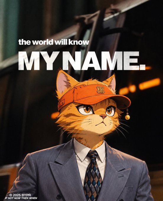 An anime-style illustration features an orange cat wearing a gray suit, tie, and an orange visor with the text 'the world will know MY NAME.' above it, along with '© 2025 BYPR IF NOT NOW THEN WHEN' at the bottom.