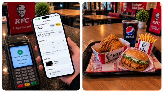 Two images side by side: the left shows a Verifone VX-680 payment terminal displaying 'Payment Successful PKR 4,500.00 Thank you' next to a phone showing a Binance Card screen; the right shows a KFC meal including fried chicken, a chicken burger, fries, and a Pepsi at a KFC restaurant.