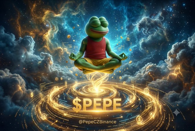 A digital artwork of a meditating frog character in a cosmic setting with golden coins and rings, featuring the text '$PEPE' and '@PepeCZBinance'.