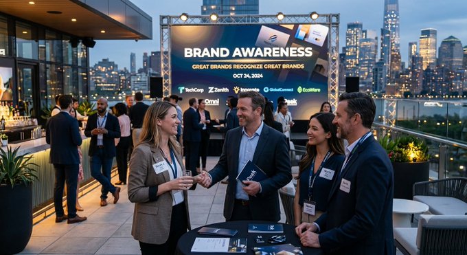 A digital rendering depicts a 'BRAND AWARENESS' networking event titled 'GREAT BRANDS RECOGNIZE GREAT BRANDS', with business professionals mingling on an outdoor rooftop terrace overlooking a city skyline at dusk.