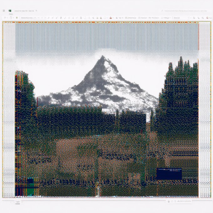 A photograph of a snow-capped mountain framed by dark green trees, rendered entirely out of distorted, glitchy pixels and colored static blocks within an image viewer window.