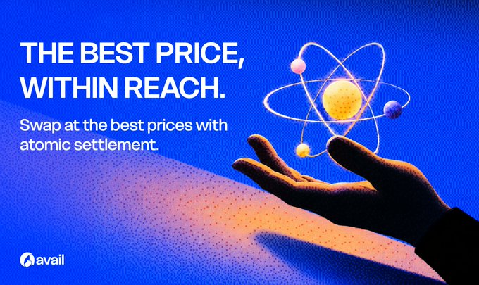 A promotional banner for 'avail' featuring the text 'THE BEST PRICE, WITHIN REACH. Swap at the best prices with atomic settlement,' alongside an image of a hand holding an atom-like model.