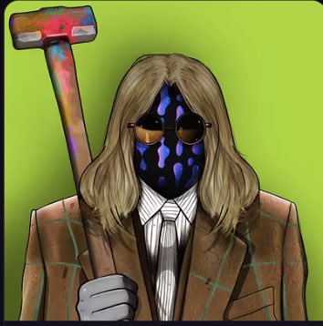 A stylized illustration of a blonde-haired figure wearing a brown plaid suit, white shirt, and tie, with a blue-spotted mask or face covering and dark sunglasses, holding up a colorful hammer against a green background.