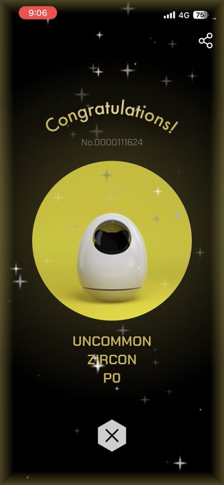 A mobile screen capture showing a 'Congratulations!' message for obtaining an 'UNCOMMON ZIRCON P0' item, featuring a small white pod-like object on a yellow background with a starry overlay.