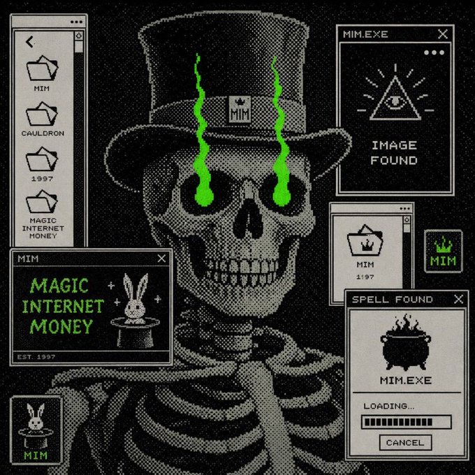 A dark, gothic digital art illustration featuring a skeleton wearing a top hat with green flames in its eye sockets, surrounded by retro-style UI windows labeled "MIM," "MIM.EXE," "MAGIC INTERNET MONEY," and "IMAGE FOUND."