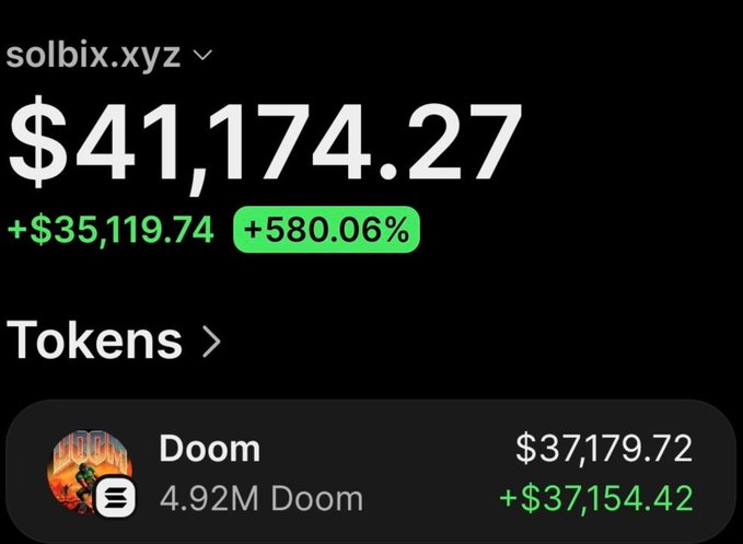 This image displays a cryptocurrency wallet balance of $41,174.27, with a profit of $35,119.74 and a 580.06% gain on "Doom" tokens, which are valued at $37,179.72.