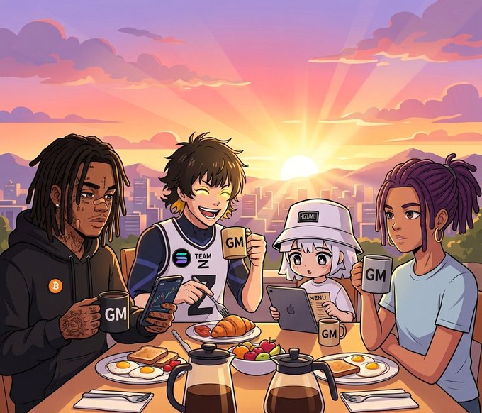 An anime-style illustration of four characters having breakfast at a table with coffee carafes, eggs, croissants, and fruit, set against a city skyline at sunrise, with 'GM' and 'TEAM Z' branded cups.