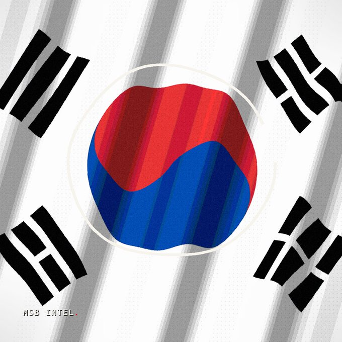 A stylized illustration of the South Korean flag's Taegeuk symbol and trigrams, rendered with a striped gray and white background and labeled 'MSB INTEL' at the bottom left.