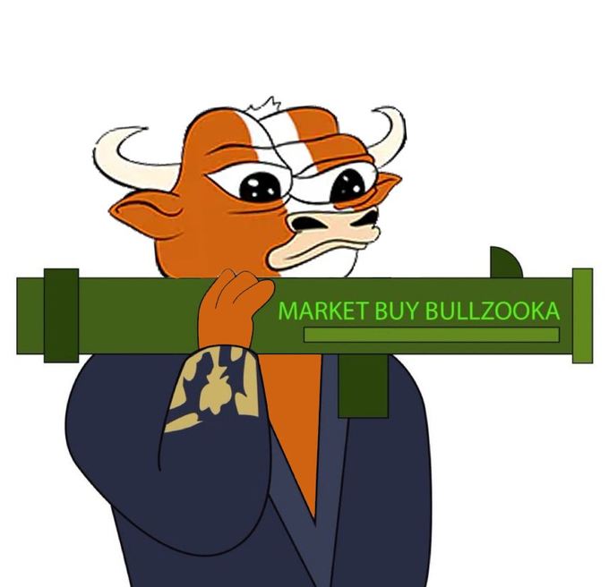 The image features a cartoon bulldog wearing a blue robe, holding a green gun with the words "Market Buy Bullzooka" written on it. The bulldog appears to be in a position where it can shoot the gun at someone or something. The background of the image is white, which makes the colors and details of the bulldog and its surroundings stand out more prominently.
