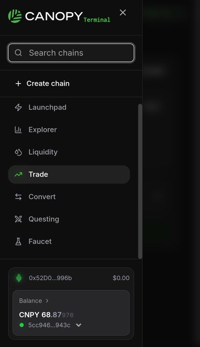 Canopy Terminal interface sidebar menu showing options including Launchpad, Explorer, Liquidity, Trade (highlighted), Convert, Questing, and Faucet, with a CNPY token balance displayed.