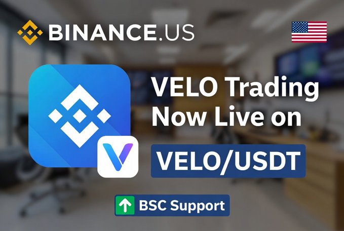 A promotional Binance.US graphic announces "VELO Trading Now Live on VELO/USDT" with a green "BSC Support" badge, featuring the Binance logo, US flag, and Velo token icon against a blurred office background, visually confirming the VELO/USDT trading pair listing with BSC support mentioned in the post.