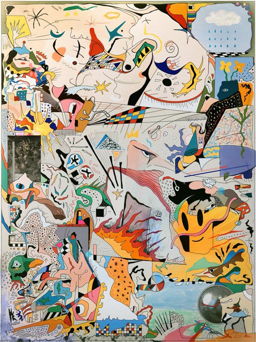 A vibrant abstract painting filled with colorful surreal figures, faces, geometric shapes, eyes, flames, and dreamlike imagery in a chaotic collage style reminiscent of contemporary expressionist art.