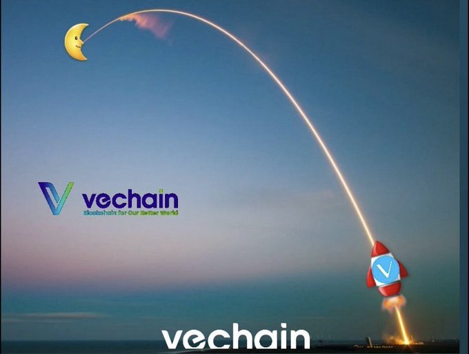 A promotional graphic for Vechain features a rocket launching into the sky with a trail aimed at a crescent moon, alongside the Vechain logo and tagline 'Blockchain for Our Better World'.