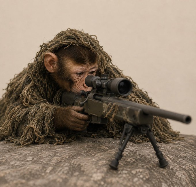 A young chimpanzee wearing a green ghillie suit lies prone on a rock, aiming a rifle equipped with a scope and bipod.
