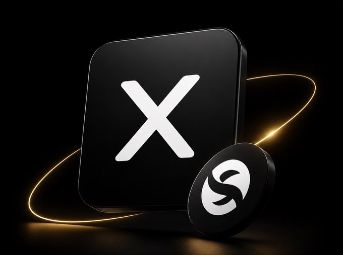 A 3D rendering displays a black rounded-square icon featuring a white 'X' alongside a smaller black circular icon with a white logo, set against a black background with a glowing golden light ring.
