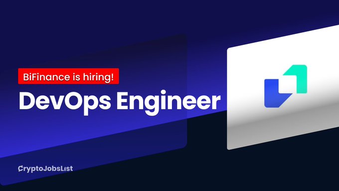 A blue and purple gradient job advertisement banner from CryptoJobsList announces "BiFinance is hiring! DevOps Engineer" alongside BiFinance's blue and green logo, promoting the role with a competitive CAD 4k–6k monthly compensation and key tech stack including AWS, Kubernetes, Jenkins, and GitLab CI.