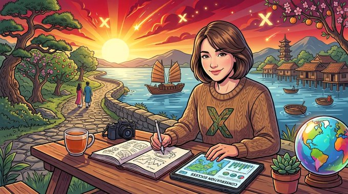 A young woman sits at a desk sketching in a notebook alongside a tablet showing "X" branding, a camera, and a globe, set against a vibrant sunrise landscape with traditional Asian architecture, sailboats, and "X" symbols in the sky. The image visually reinforces the post's theme of new beginnings, inspiration, and the journey of building on platform X, with the dawn symbolizing fresh opportunities to start again after a previous post fell short of expectations.