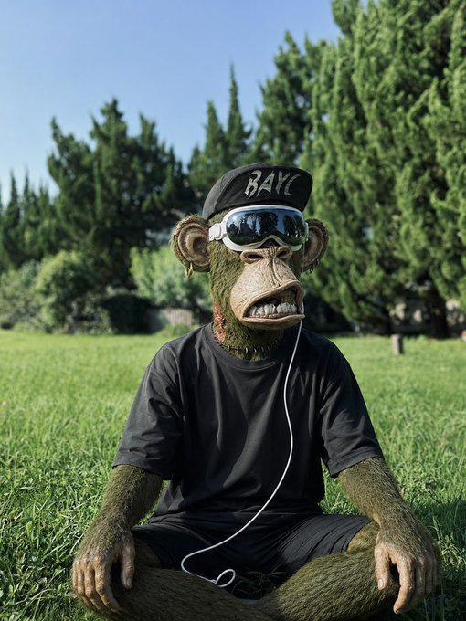 The image features a person wearing a monkey mask, sitting in a grassy field with their legs crossed. They are holding a white cord or wire, which could be interpreted as headphones or earbuds. The person appears to be listening to music while enjoying the outdoors.