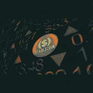 A digital illustration featuring an orange "STABLECOIN" coin with a dollar sign surrounded by scattered numerical figures and triangular shapes against a dark background, symbolizing the cryptocurrency market volatility referenced in India's surging USDT premium above 8.5% amid local supply constraints.