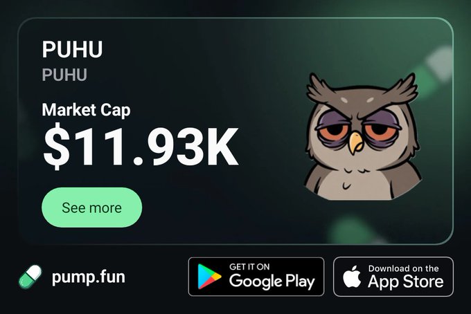 A promotional graphic for the "PUHU" token on pump.fun showing a market cap of $11.93K, with an illustration of a grumpy-looking owl and download links for Google Play and the App Store.