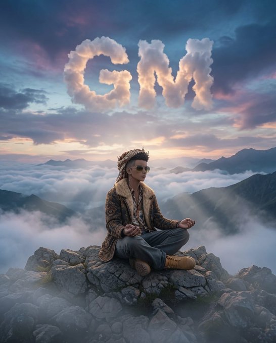 A person with dreadlocks and sunglasses meditating on a rocky mountain peak above the clouds, with the word 'GAVIN' spelled out in clouds in the sky above them.