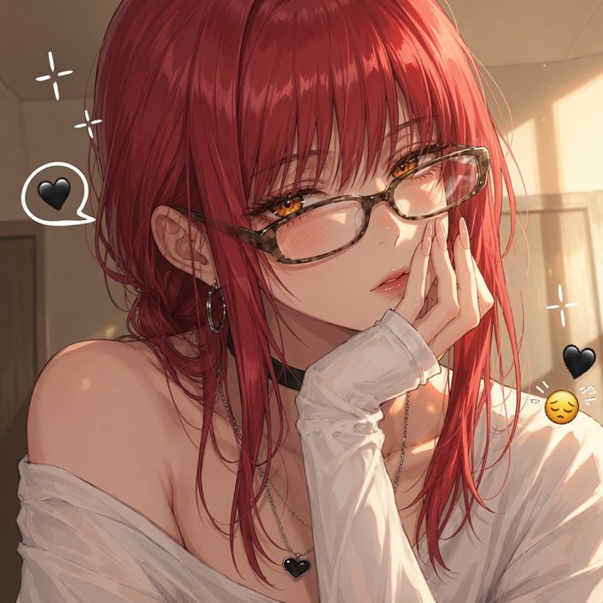 An anime-style illustration of a red-haired female character wearing glasses, a black choker, and a white shirt, with decorative heart and sparkle elements around her.