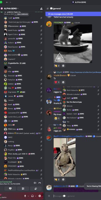 This is a screenshot of a Discord server called "ALPHA GEMS" with users listed on the left and a chat log on the right. The chat displays messages like "Yallah lanched already" and various user names followed by "GEMS", indicating a focus on cryptocurrency or NFTs.