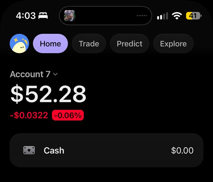 A mobile screenshot of a trading app showing Account 7 with a balance of $52.28, down $0.0322 (-0.06%), and $0.00 cash. The image appears to be used as "proof" of funds in a giveaway post promising $25 to 2 followers who follow @Double_Partners and submit their Solana address by 5pm tomorrow.