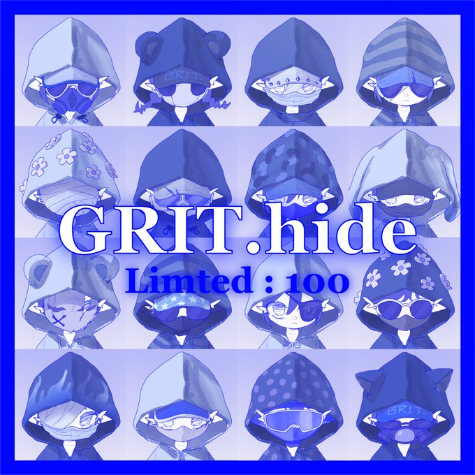 Promotional artwork titled 'GRIT.hide Limited: 100' displaying a 4x4 grid of stylized hooded character illustrations in various shades of blue.
