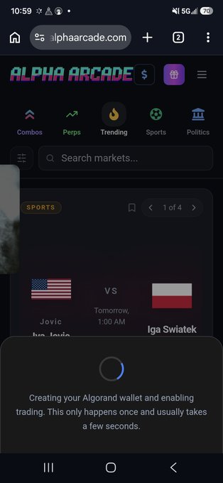A mobile screenshot of the Alpha Arcade website (alphaarcade.com) showing a loading screen for creating an Algorand wallet, with a sports matchup between Jovic (USA) and Iga Swiatek scheduled for tomorrow at 1:00 AM.