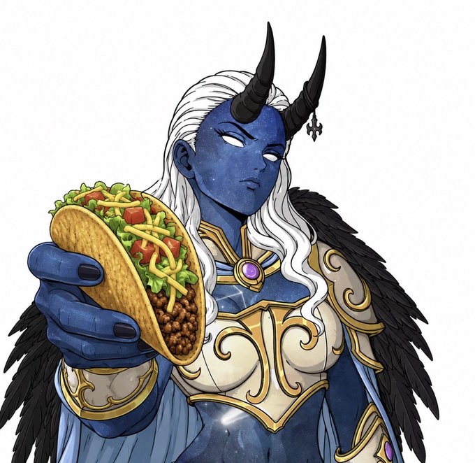 An illustration of a blue-skinned, white-haired horned fantasy character in ornate gold and white armor holding a large taco filled with meat, lettuce, and tomatoes.