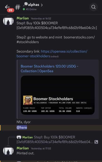 A Discord chat interface in the '#alphas' channel where user 'Marlian' shares instructions to 'Buy 100k $BOOMER' along with a website link and an OpenSea collection preview for 'Boomer Stockholders' priced at 120.00 USDG.