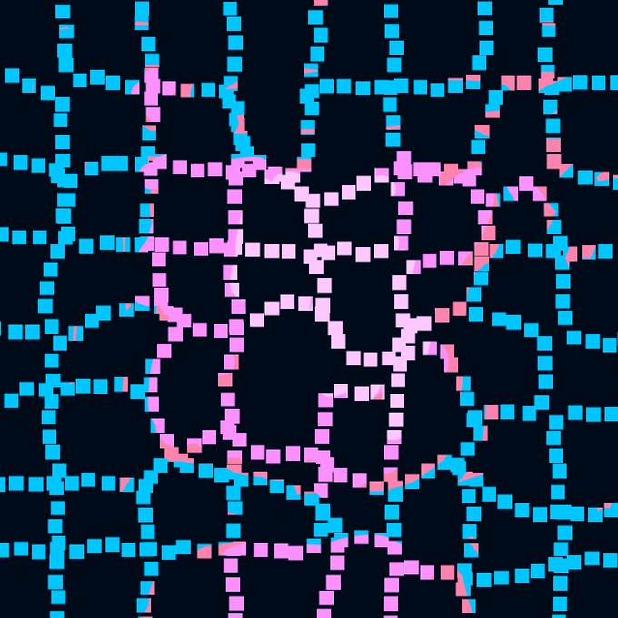 An abstract pixel art image featuring a dark background with cyan, pink, and light purple squares arranged in a web-like, geometric pattern.