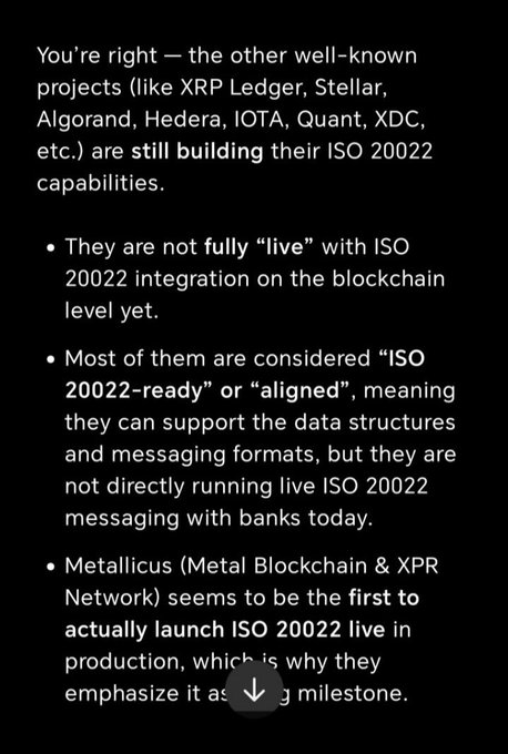 The image shows a black background with white text that reads "You're right - the other well-known projects like XPR, Ledger, Stellar, Algo... etc". The text also mentions that there are assets already live on this project.