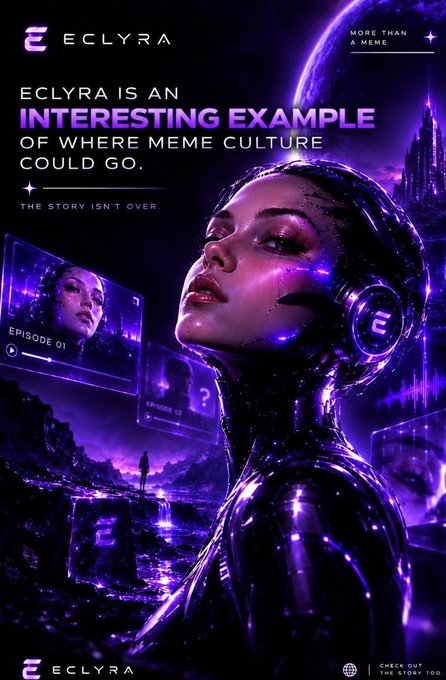 A futuristic promotional poster for 'ECLYRA' featuring a cyborg-like female figure against a purple sci-fi landscape, with the text 'ECLYRA IS AN INTERESTING EXAMPLE OF WHERE MEME CULTURE COULD GO.' and 'THE STORY ISN'T OVER.'