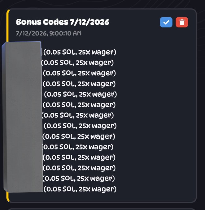 A screenshot of a list titled "Bonus Codes 7/12/2026" with timestamp "7/12/2026, 9:00:10 AM," showing 14 identical entries of "(0.05 SOL, 25x wager)" with the code portion redacted. This relates to the post about 14 rugs.fun bonus codes that were just released, detailing the wagering requirements for each claimed bonus.