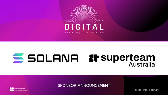 The image features a purple background with white text that reads "Digital Economy Conference 2020 Sydney Digital Australia Superteam Australia". The text also includes the names of two companies, Solana and Superteam, which are sponsors for the event.