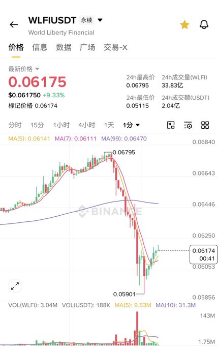 Binance price chart for WLFI/USDT (World Liberty Financial) showing a current price of 0.06175 (+9.33%), with a recent sharp drop from a 24h high of 0.06795 down to a low of 0.05115.