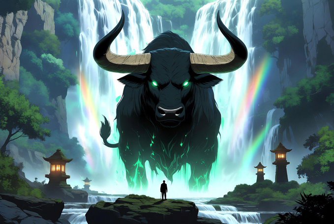 A massive, glowing green-eyed black bull with large horns towers over a small silhouetted figure standing on a rock, with a waterfall and rainbow in the background.