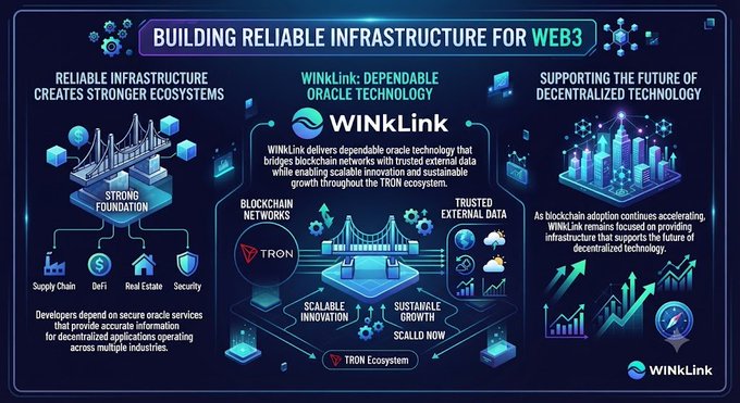 An infographic titled 'BUILDING RELIABLE INFRASTRUCTURE FOR WEB3' features WinLink as a 'Dependable Oracle Technology' bridging blockchain networks (TRON) with trusted external data, highlighting scalable innovation, sustainable growth, and support for the future of decentralized technology.