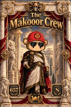 An ornate fantasy-style poster reads “The Makoor Crew” and features a small bear-like figure in royal clothing, with “657” and “15” on lower side panels.