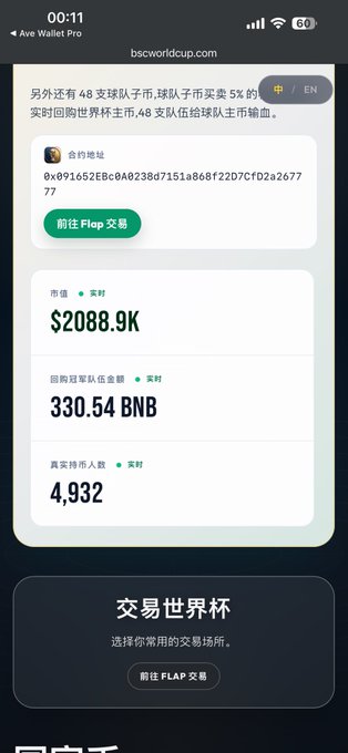 The image shows a phone screen with a message from an unknown account holder named "Unknowingly, the #WorldCup's treasure has already reached 330 BNB". The message appears to be in Chinese, which might indicate that the account holder is located in China or is communicating with someone who is.