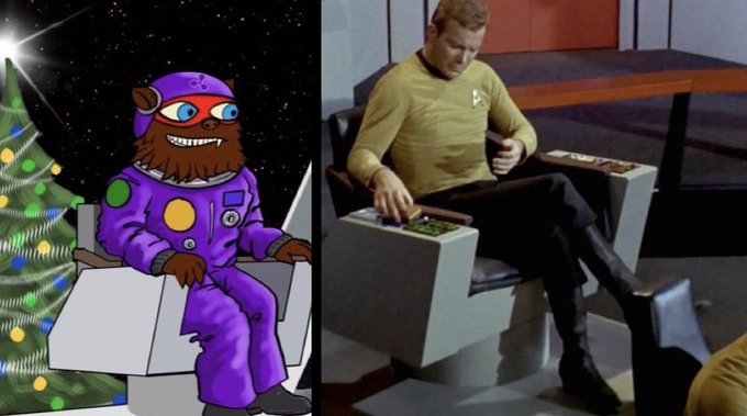 The image is a side-by-side comparison showing a cartoon bear-like character in a purple spacesuit sitting in a futuristic chair next to a Christmas tree (left), and a scene from Star Trek with Captain Kirk in a yellow uniform operating a similar-style control chair (right), both appearing to be in contemplative or decoding poses.

The post appears to reference a community member named Pistoritas who allegedly made accurate predictions about XRP ($XPR written in the post, likely referring to $XRP), with the meme humorously suggesting this person has "scrying" or precognitive abilities—using the juxtaposed images of a mystical space bear and Captain Kirk as a playful visual metaphor for someone who seems to possess unusual foresight about the XRP cryptocurrency.